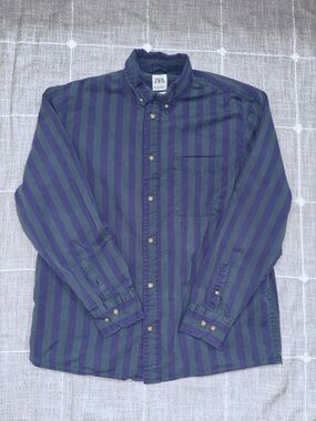 Zara Striped Button Down Shirt Mens Unisex Large Green Purple Long Sleeve